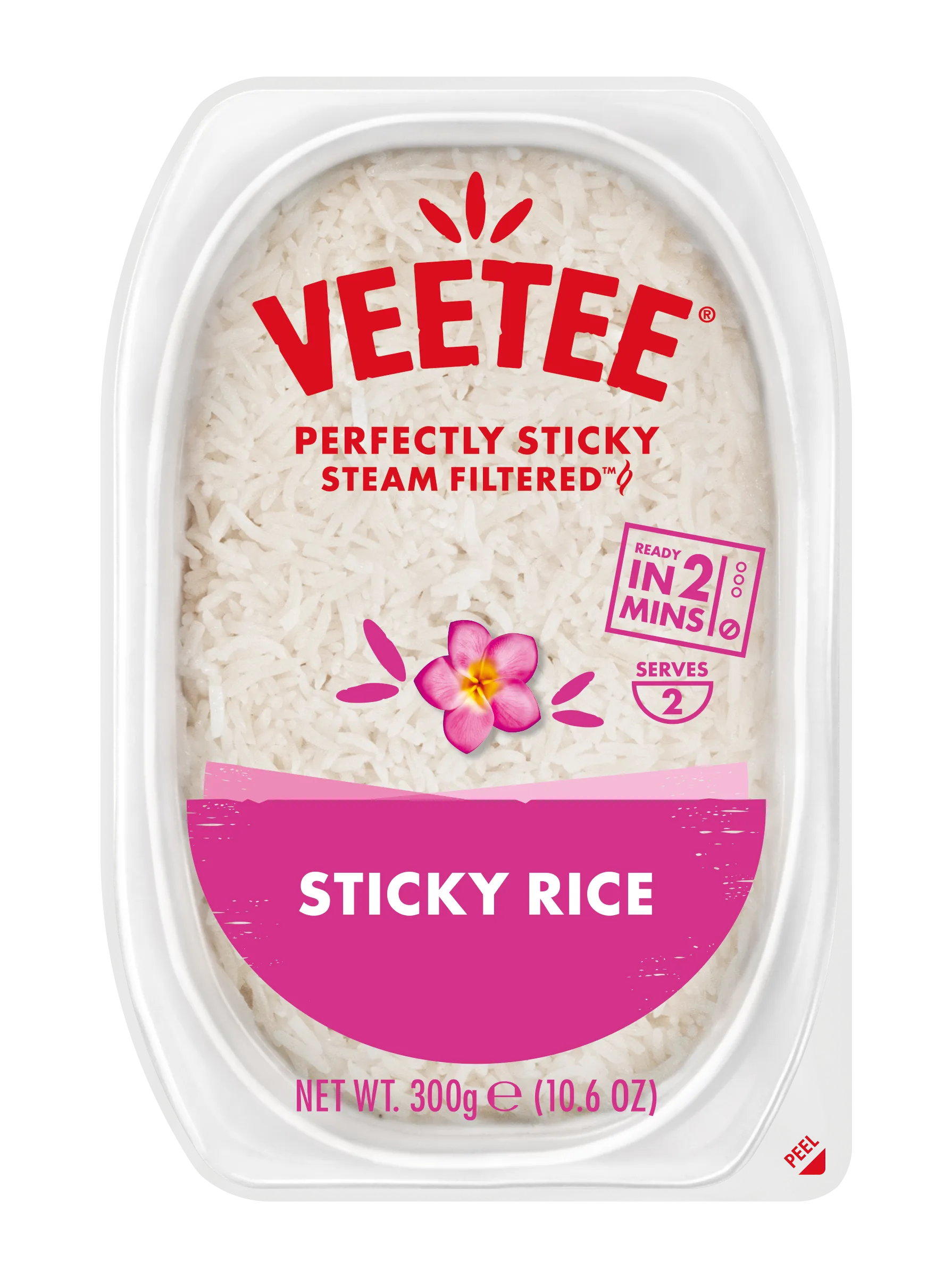 Sticky rice packaging featuring a pink label and floral design.