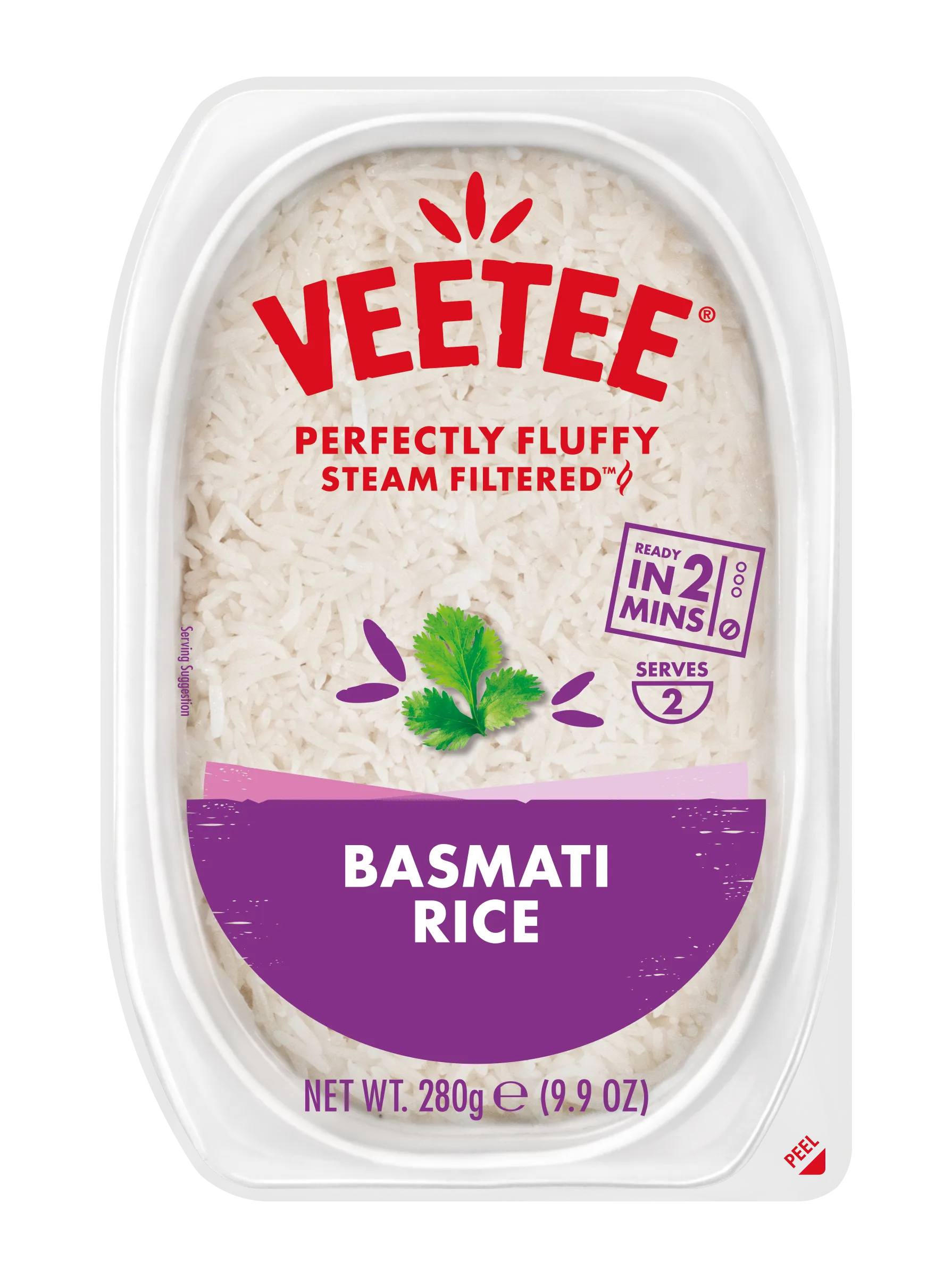 Basmati rice packaging with cooking instructions and cilantro garnish graphic.